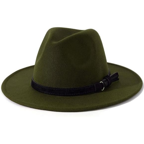 Men & Women Vintage Wide Brim Fedora Hat with Belt Buckle Z Black Belt-olive